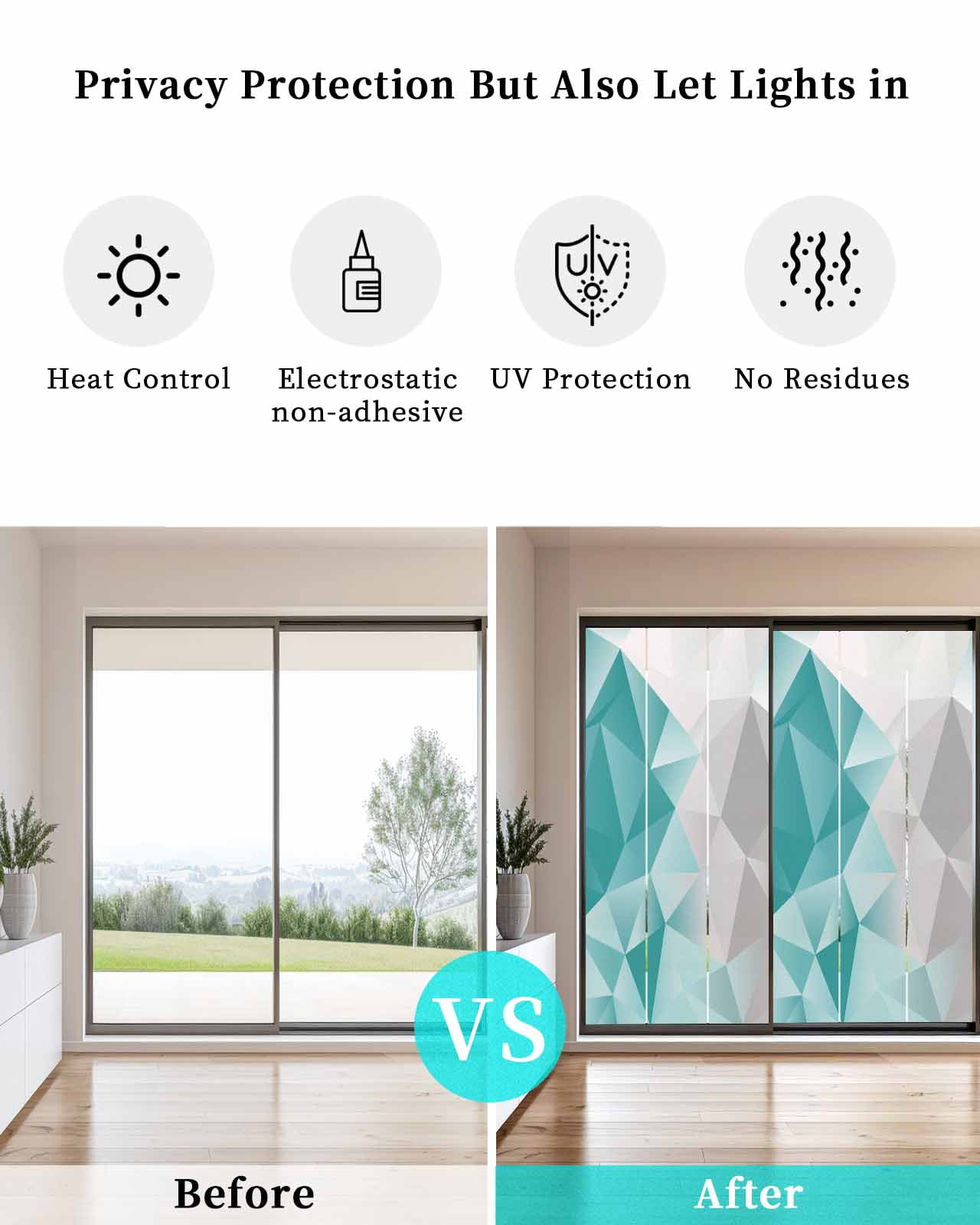 Window Privacy Film, Turquoise Green Grey Ombre UV Sun Blocking Window Tint Film Heat Control One Way Blackout Window Film, Geometric Gradient Marble Color Block Non Adhesive Static Cling 23.6x59 In