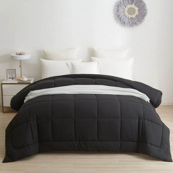 BedTreat Down Alternative Comforter with Corner Tabs - All Season Quilted Twin Size 240 GSM Black Comforter, Machine Washable Microfiber Bedding