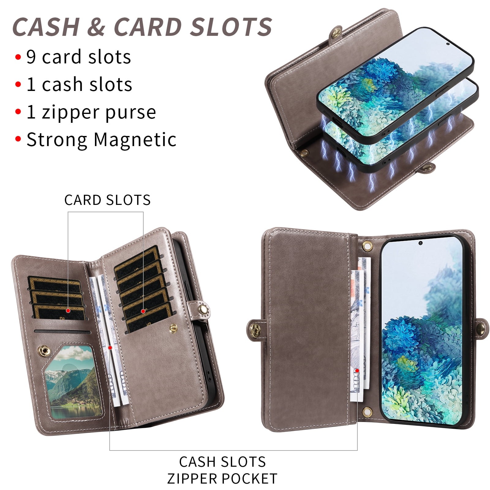 Asuwish Detachable Magnetic Zipper Wallet Phone Case with Flower Pattern and Screen Protector for Samsung Galaxy S20 Plus, Gray