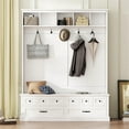 thumbnail image 2 of Wide Hall Tree with Storage Bench, Versatile Entryway Lift Top Storage Bench with 2 Drawers, Retro Wooden 3-in-1 Coat Rack with 5 Hooks and Storage Shelves for Mudroom, Living Room, White, 2 of 7