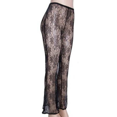 Women Sexy See-through Lace Mesh High Waist Long Pants Wide Trousers ...