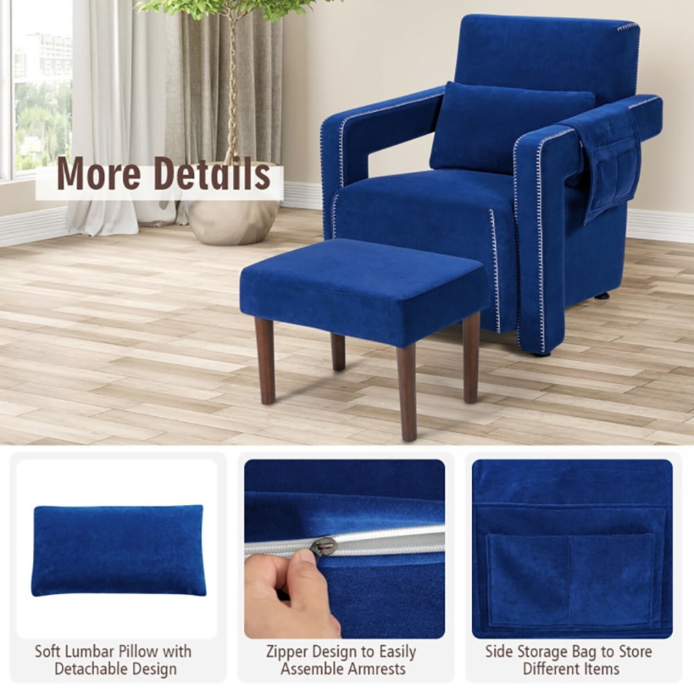 Finihen Accent Single Sofa Chair with Ottoman, Modern Berber Fleece Single Sofa Chair with Ottoman and Waist Pillow, for Living Room, Bedroom, Blue