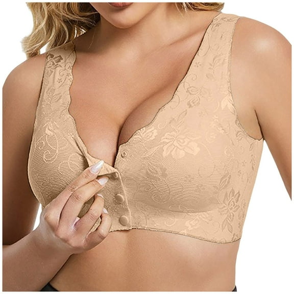 HOWPAY Front Closure Bras for Women Push up No Underwire Full Coverage Soft Supportive Wireless Snap Closing Bralettes Comfortable Underwear Beige L