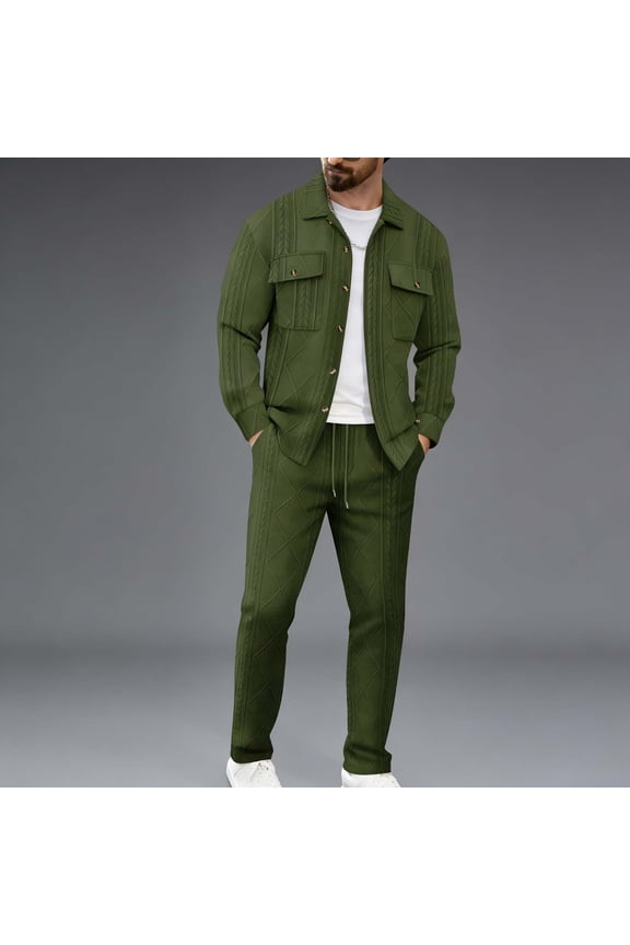 Men's Cable Knit Shirt Set Button Down Jacket and Pants Warm Textured Outfit for Winter Casual Daily Work Outdoor Streetwear Gentleman Suits