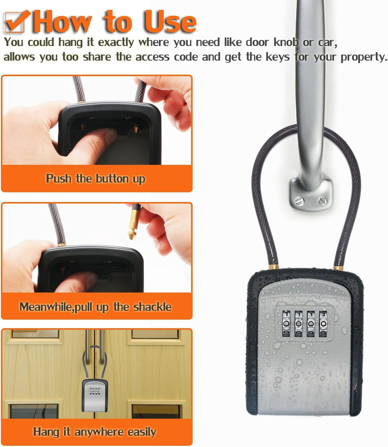Key Lock Box, 4 Digit Portable Lock Box, Outdoor Waterproof Resettable Code Security Key Storage Box Portable for Indoor Outdoor Home, Office, Garage, School, Gym, Airbnb, Realtor