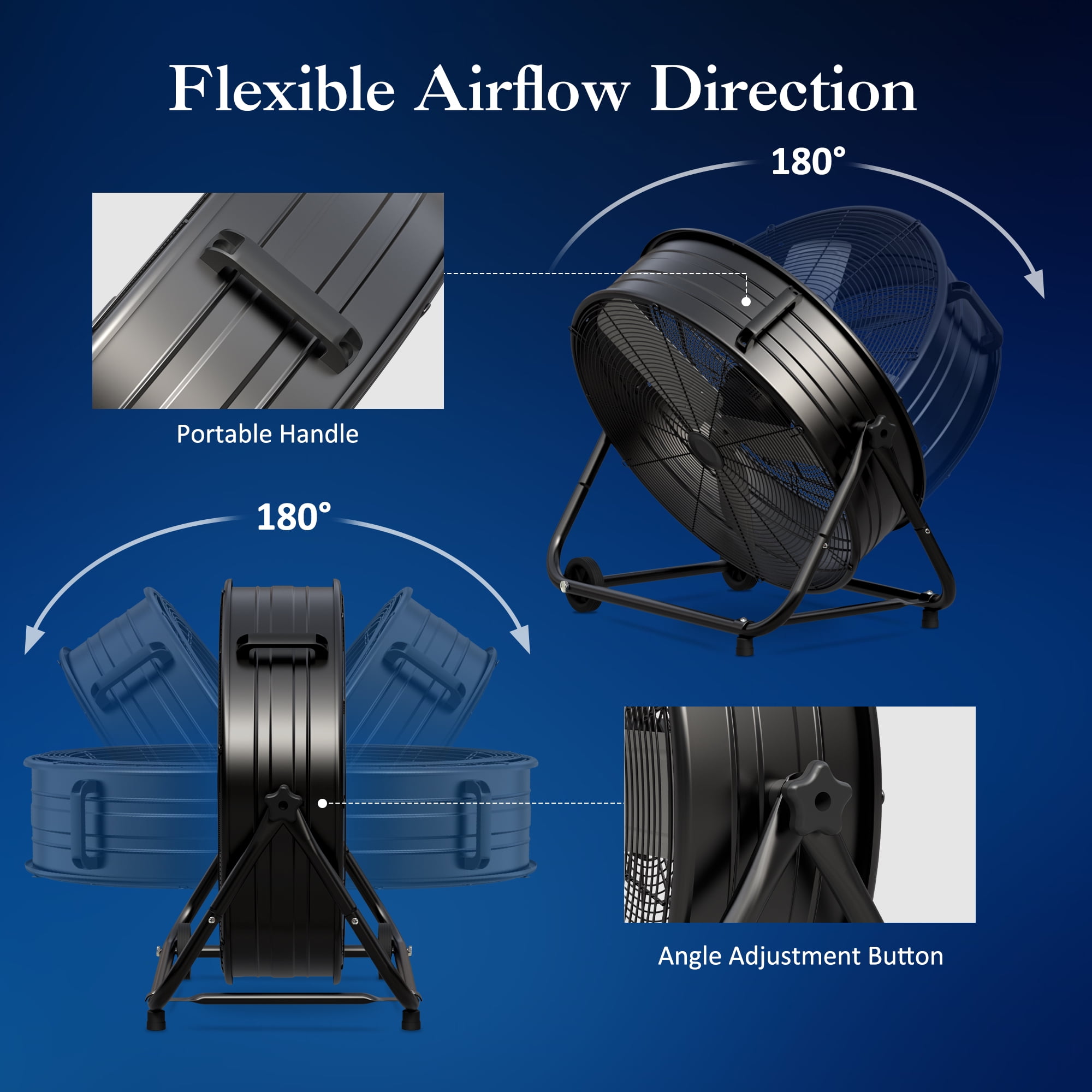 24” Industrial Drum Fan, 9260 CFM High Velocity Floor Fan, 3 Speed Air Circulator w/180°Tilt, Black