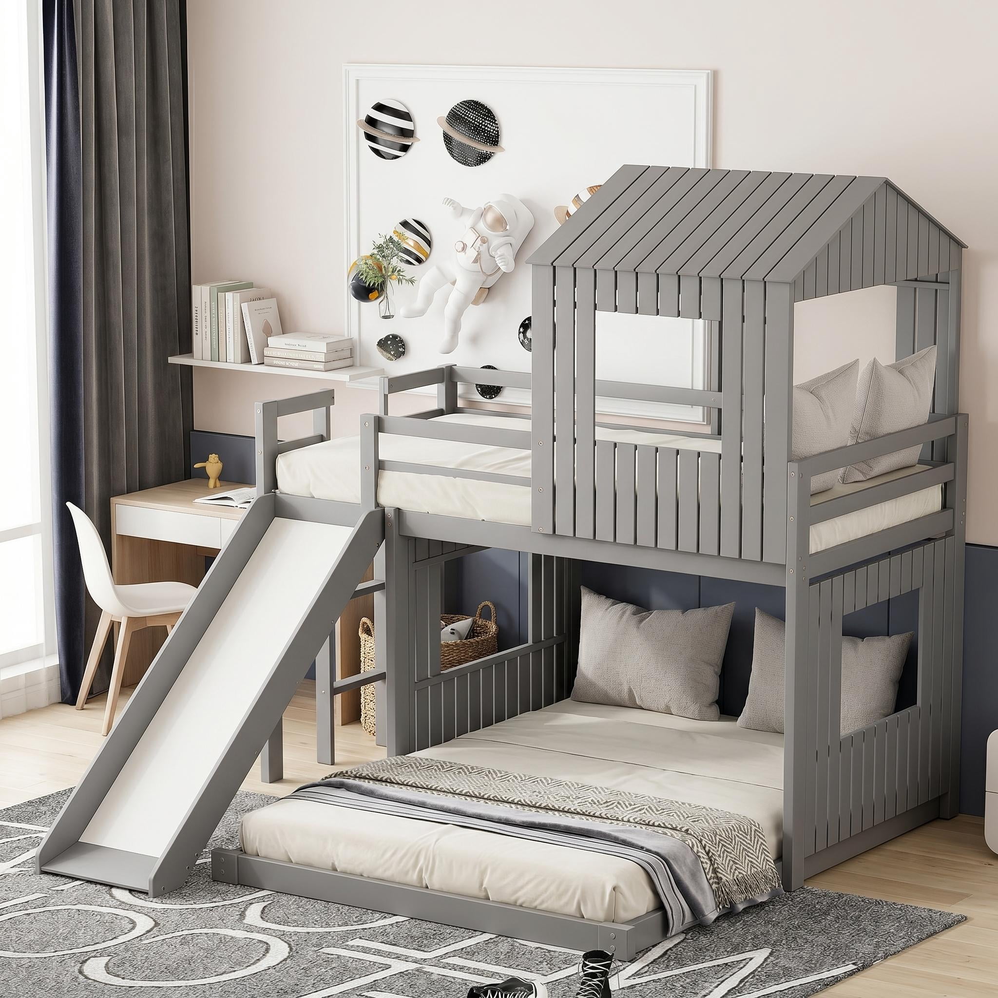 Homy Casa Twin Over Full Bunk Bed, 89" Wood House Bed with Slide, Guardrails & Slats for Kids Bedroom, Gray