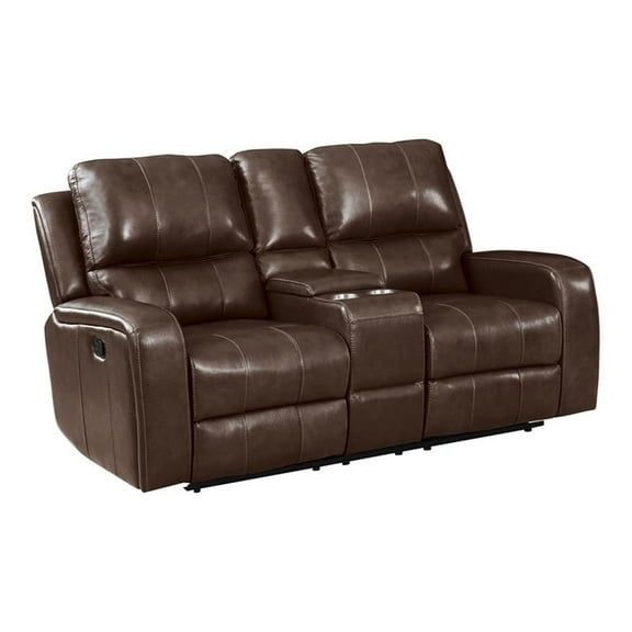 Pemberly Row Leather Console Loveseat with Dual Recliners in Brown