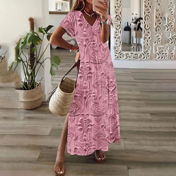 Yotami Plus Size Floral Dress for Women Summer Side Slit Maxi Dress V-Neck Short Sleeve Dress for Everyday