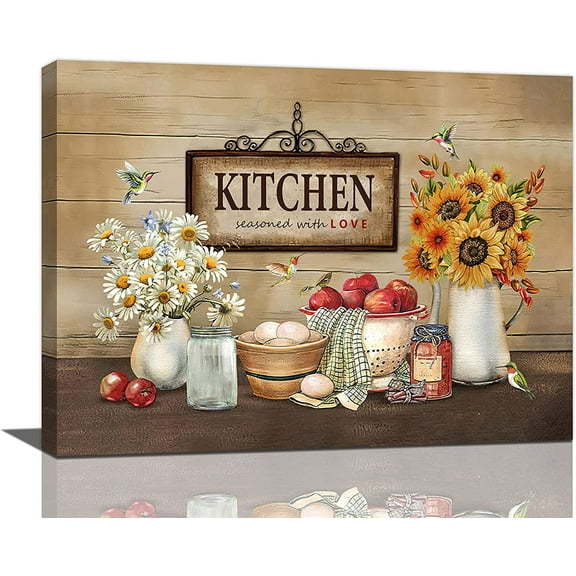 Kitchen Wall Decor Rustic Farmhouse Kitchen Wall Art Country Daisy Sunflower Food Pictures For Wall Canvas Print Artwork For Kitchen Dining Room Framed 16"x12"