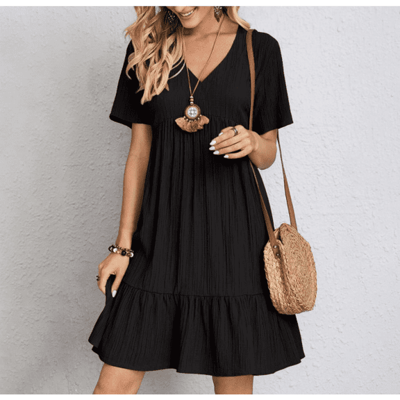 Summer Dresses for Women Vacation Short Sleeve v Neck Mini T Shirt Dress Pleated Ruffle Flowy Beach Sundresses