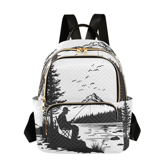 JIALIOU Mini Backpack Purse for Women Quilted Casual Daypack Small Travel Shoulder Bag, Fishing in Mountains Silhouette