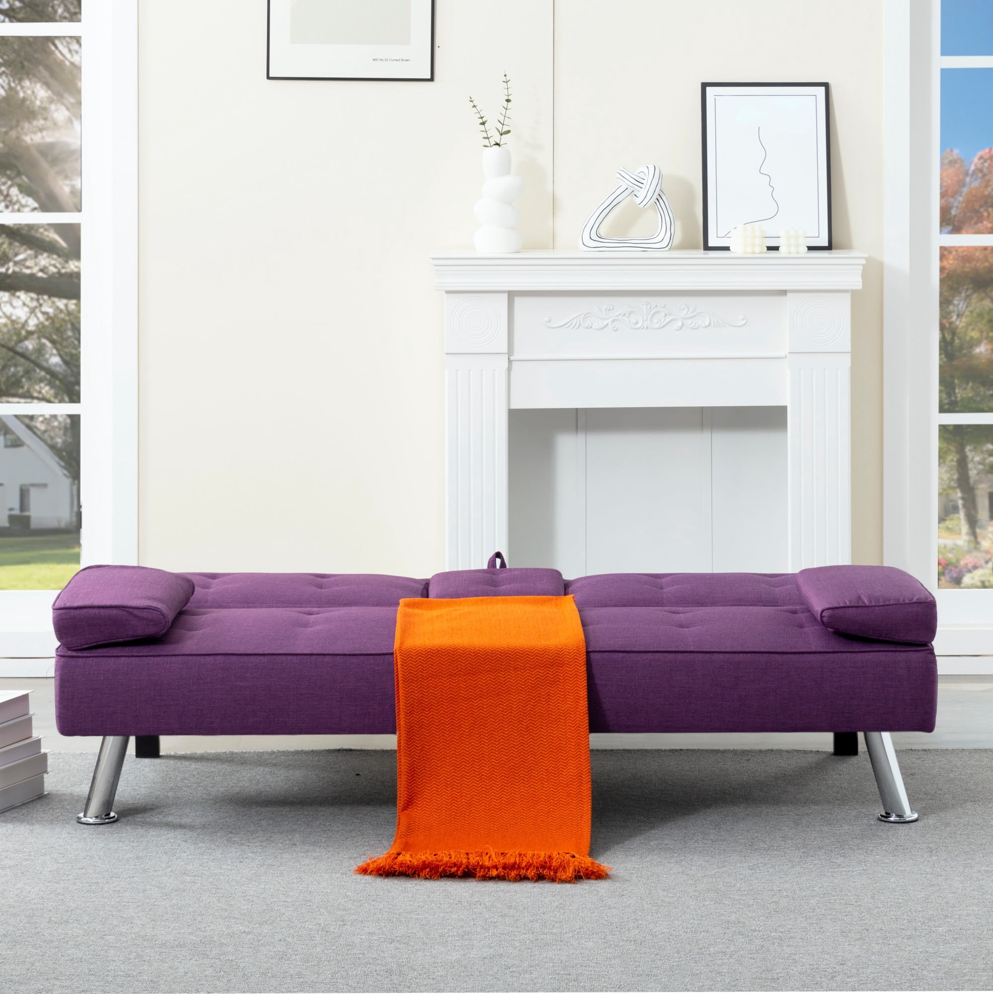 BSHTI 69.49" Fabric Convertible Futon Sofa Bed with Drop-Down Console, 2 Cup Holders, 5-Position Backrest, Side Pocket for Living Room（Purple）