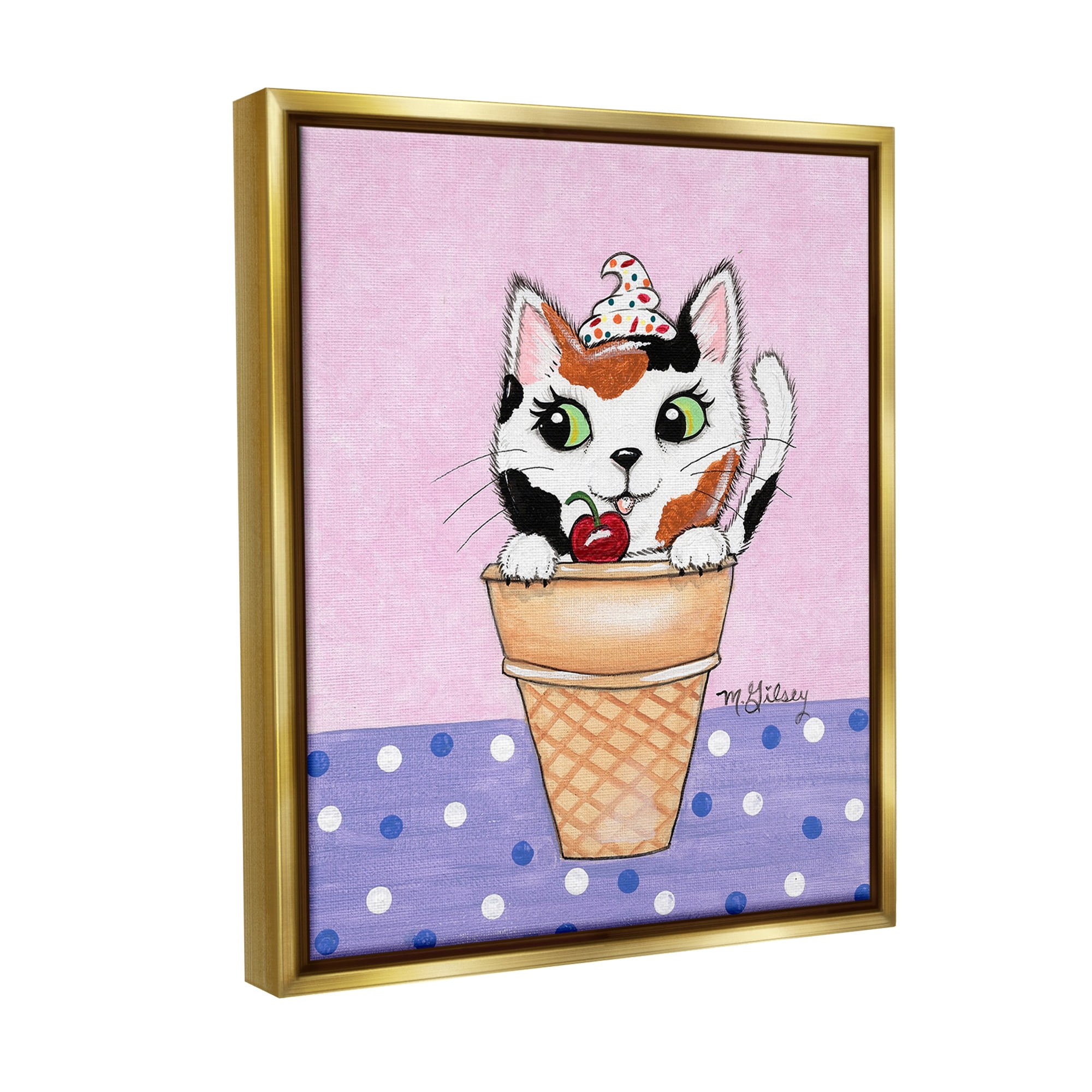 Stupell Industries Polka Dot Cat Sundae Animals & Insects Painting Gold Floater Framed Canvas Art Print Wall Art, 25 x 31