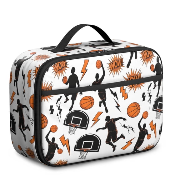 Basketball and Lightning White Pattern Insulated Lunch Bag Teens,Bento School Lunch Bag for Teens for Work,Picnic or Travel 10.6x7.7x4.3 Inches,12 Can Capacity