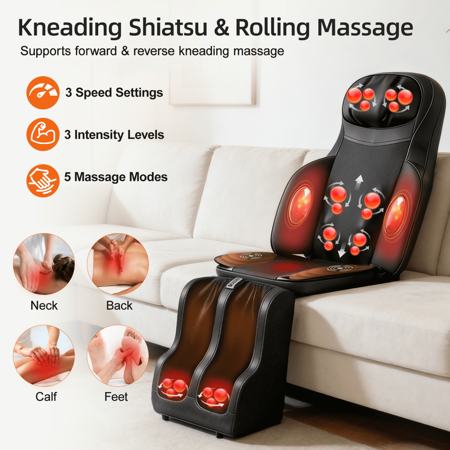 Portable Massage Mat with Shiatsu Kneading & Vibration, 3-in-1 Back Neck Calf Massager with Heating for Full Body Relief, Home Office Massage Cushion with Remote Control & Adjustable Modes