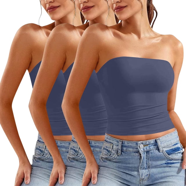 Blusa informal de verano sin tirantes de color liso para mujer, 3 piezas, de poliéster