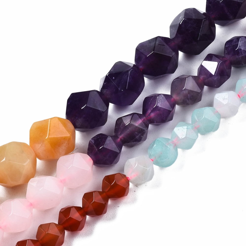 5 strand Theme Natural Tiger Eye Rose Quartz Amethyst Topaz Jade Red Agate Amazonite Sodalite Beads Strands Star Cut Round Beads Faceted 10x9~10mm Hole: 1mm 39pcs/strand 15.55 inch(39.5cm)