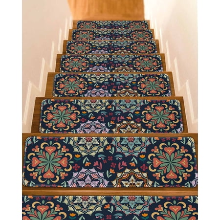 Vintage Flower Stair Treads for Wooden Steps Indoor Runner Rug Carpet Boho Abstract Colorful Ethnic Floral 15 Pieces Peel and Stick Staircase Step Treads Covers Washable Throw Door Mats 30 x8