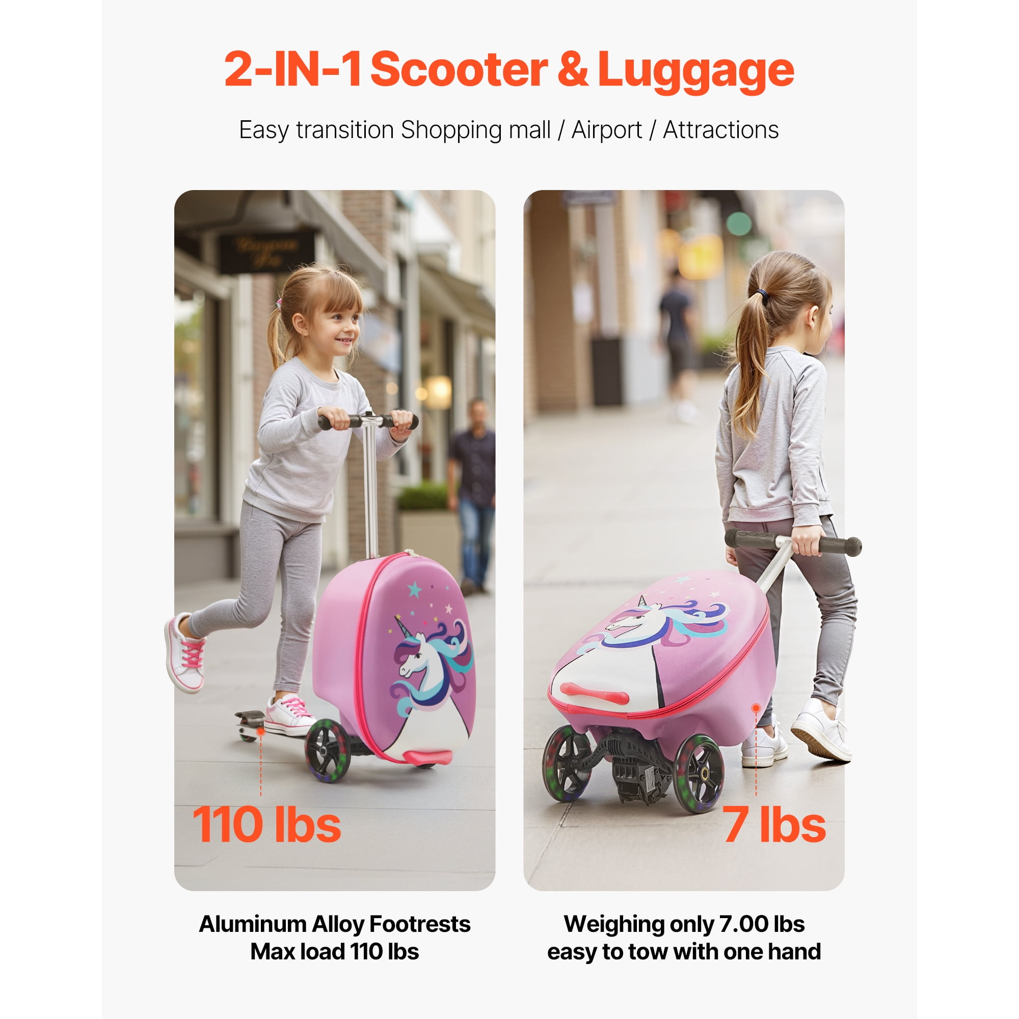 KFFKFF Ride-on Kids Luggage, 20L Capacity, 20-Inch Scooter Suitcase with Flashing PU Wheels, Adjustable Handle & Non-Slip Grip, Foldable and Lightweight Travel Companion for Children Aged 5+, Purple