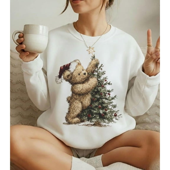 Teddy Bear and Christmas Tree Unisex Sweatshirt - Vintage Style Xmas Crewneck Sweater