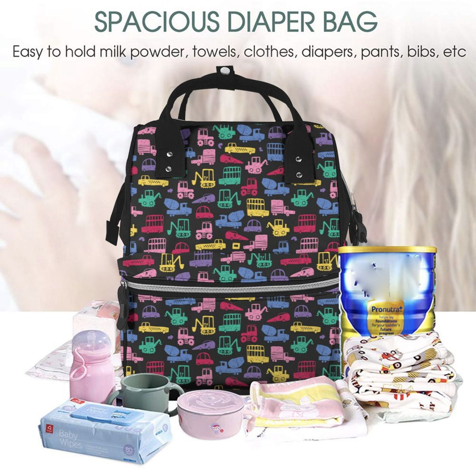 Kdxio Baby Diaper Backpack,Multi-Function Travel Backpack Nappy Bags,Nursing Bag, Fashion Mummy,Roomy Waterproof for Baby Care(Colorful Excavator)