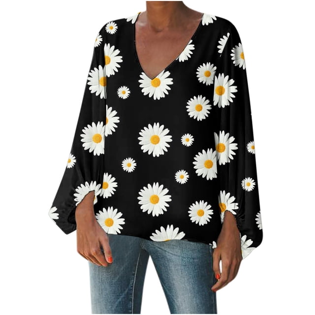 Blusa informal con cuello en V y manga larga abullonada estampada para mujer Fridja czfsfas4716