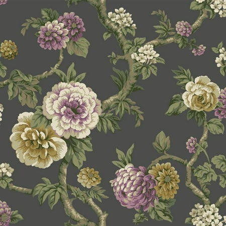 Green Floral Vine - York Wallcoverings PR9065 Purple Lavender Cream Green Tan Floral Vine on Dark Gray