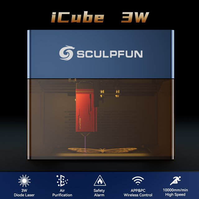 SCULPFUN iCube de 3 W Máquina de grabado y corte láser con filtro de humo y alarma de temperatura (130 x 130 mm, enchufe estadounidense)