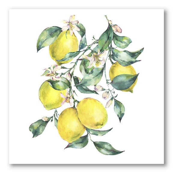Branch of Leaves and Yellow Lemons I 16 in x 16 in Painting Canvas Art Print, by Designart