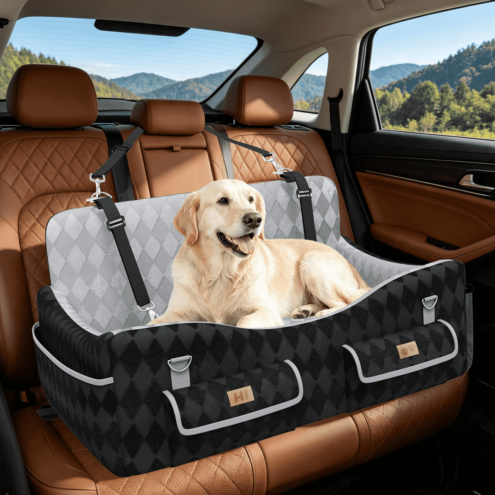 Yacona Dog Car Seat for Large Dogs Washable Pet Car Seat with Safety Belt up to 55lbs Black