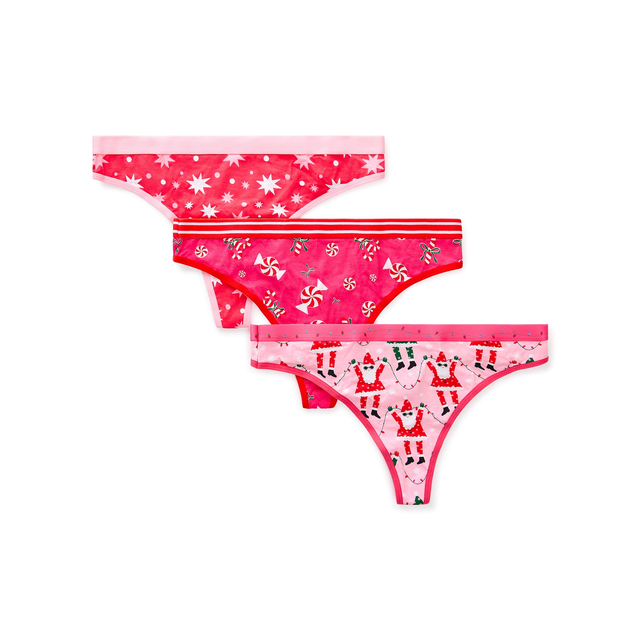 Packed Party Women's Candy Cane Giftable Christmas, 3-Pack, Thong Panties, Sizes S-XXL