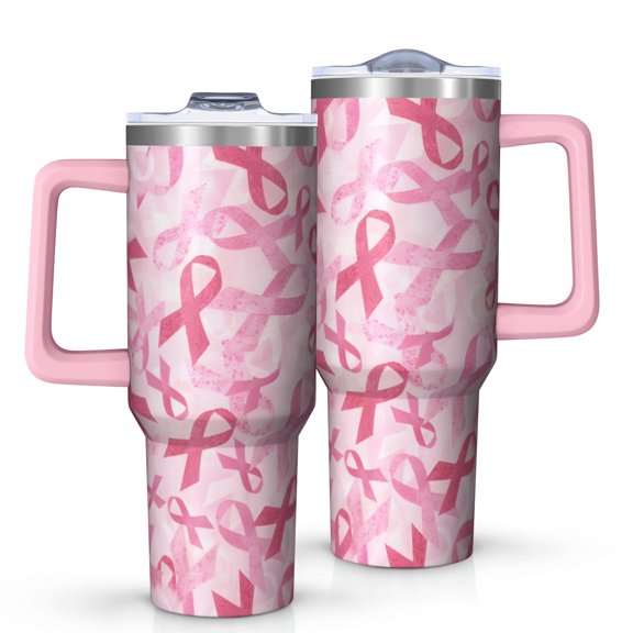 Pink Breast Cancer Tumbler with Handle and Lid,40oz Double Wall Vacuum Insulated Tumbler,Cups Gift for Women and Men