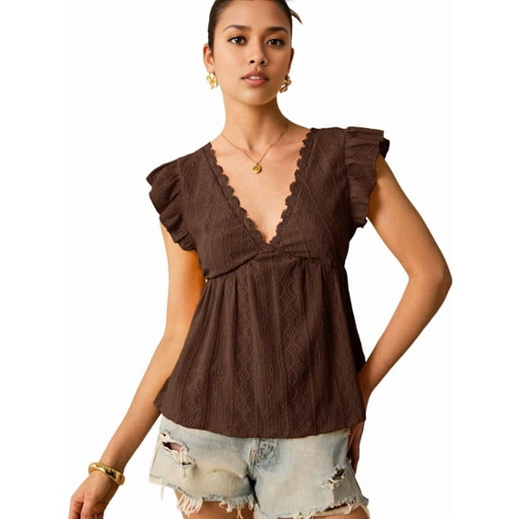 Women'S Lace Trimmed V Neck Ruffled Sleeve Flared Eyelet Tank Blouse Top Coffee Color S