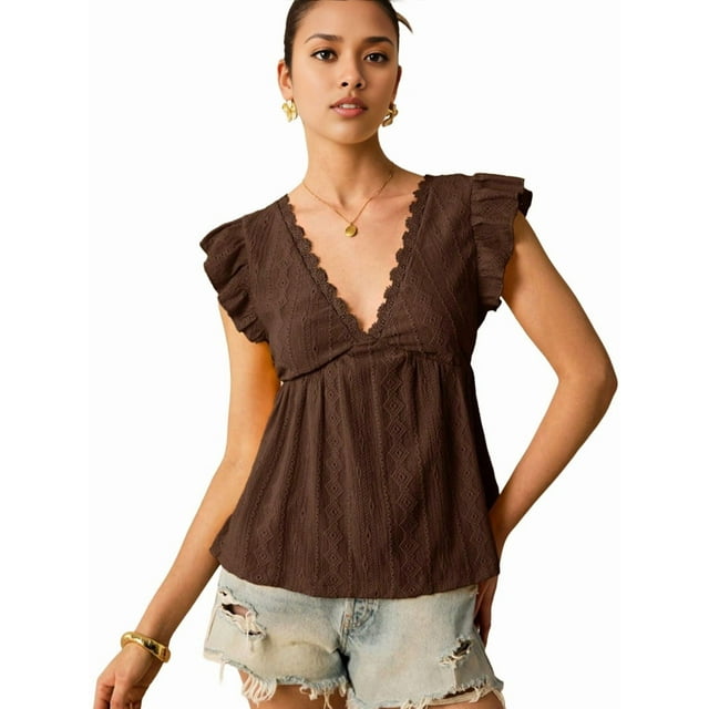 Women'S Lace Trimmed V Neck Ruffled Sleeve Flared Eyelet Tank Blouse Top Coffee Color L