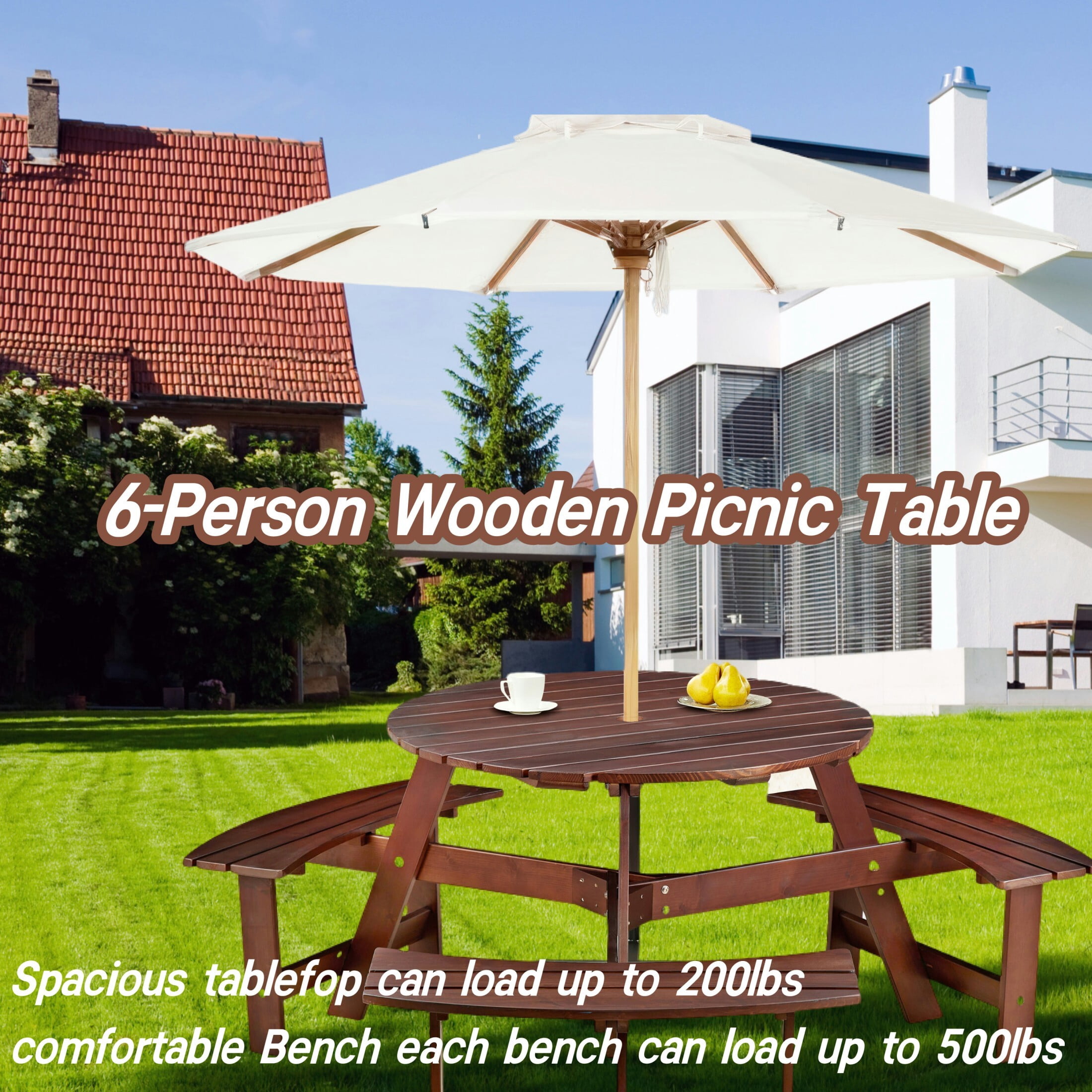 DEALTOPS 6 Person Wood Picnic Table with 3 Built-in Benches, Outdoor Round Table and Bench Set with Umbrella Hole for Park, Brown