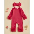 thumbnail image 2 of Nygoyerh Newborn Girls Fall Romper Solid Color Ribbed Ruffled Long Sleeve Crew Neck Full Length Jumpsuit with Bow Headband Sets 0M 3M 6M 9M, 2 of 7