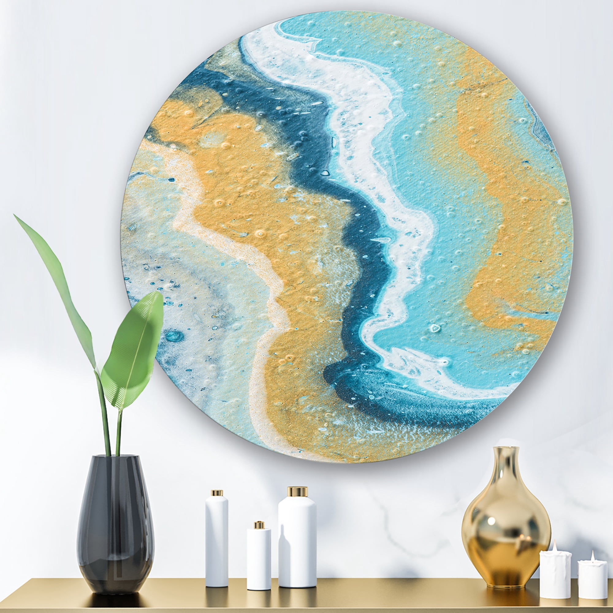 Designart 'Abstract Marble Composition In Blue and Yellow III' Modern Circle Metal Wall Art 23x23 - Disc of 23