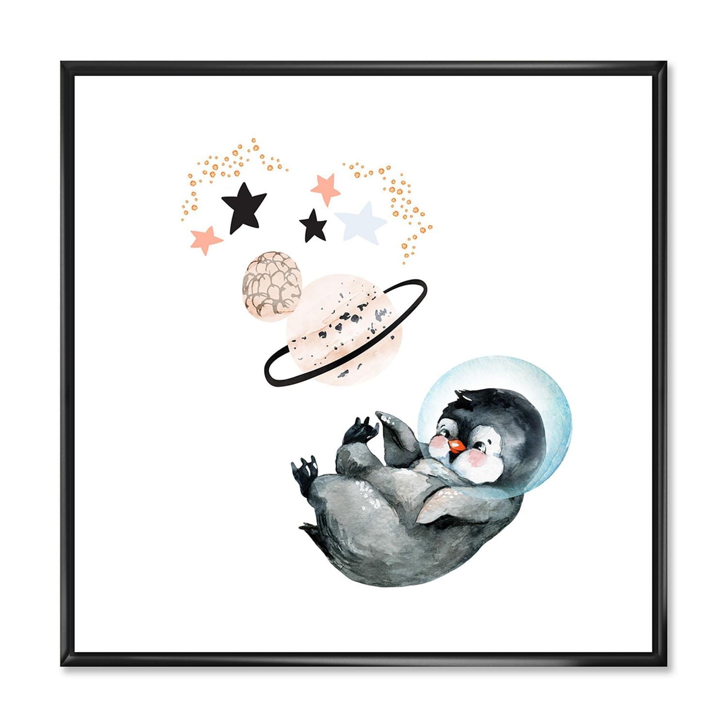 Designart Little Penguin With Stars and Planets I FLOAT FRAME WALL ART