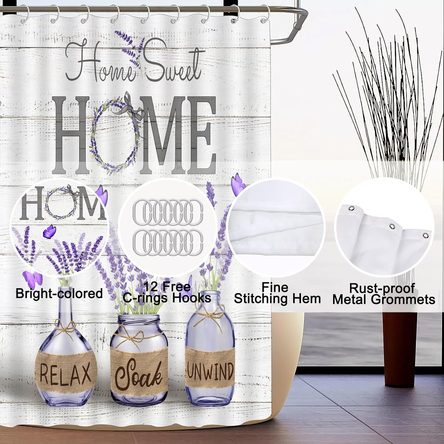 4 PCS Purple Lavender Shower Curtain Sets Home Sweet Bathroom Set with Shower Curtain and Rugs and Accessories Farmhouse Country Shower Curtain Bathroom Decor with 12 Hooks 72 X 72 Inch