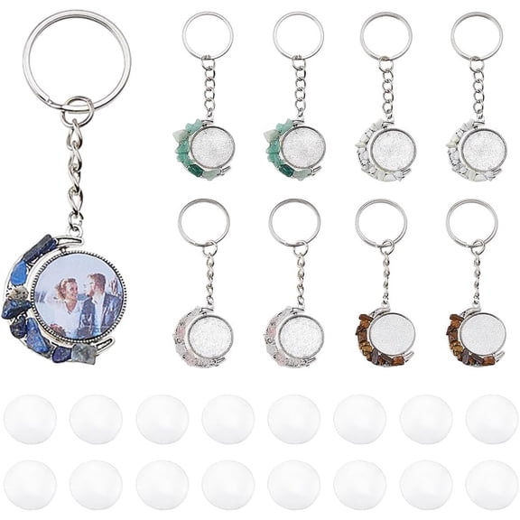 10 Sets Keychain Pendant Tray Moon Rotation Double-Sided Bezel Pendant Trays Cabochon Keychain Kit Blanks Alloy Gemstone Keychains with 20Pcs for Photo Resin Jewelry Making colorful DIY