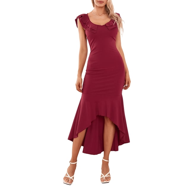 SUNSIOM Femmes Robe Longue Bodycon Couleur Unie V-Cou Volants Queue de Poisson Robe Sans Manches Été Croix Dos Nu Partie Robe