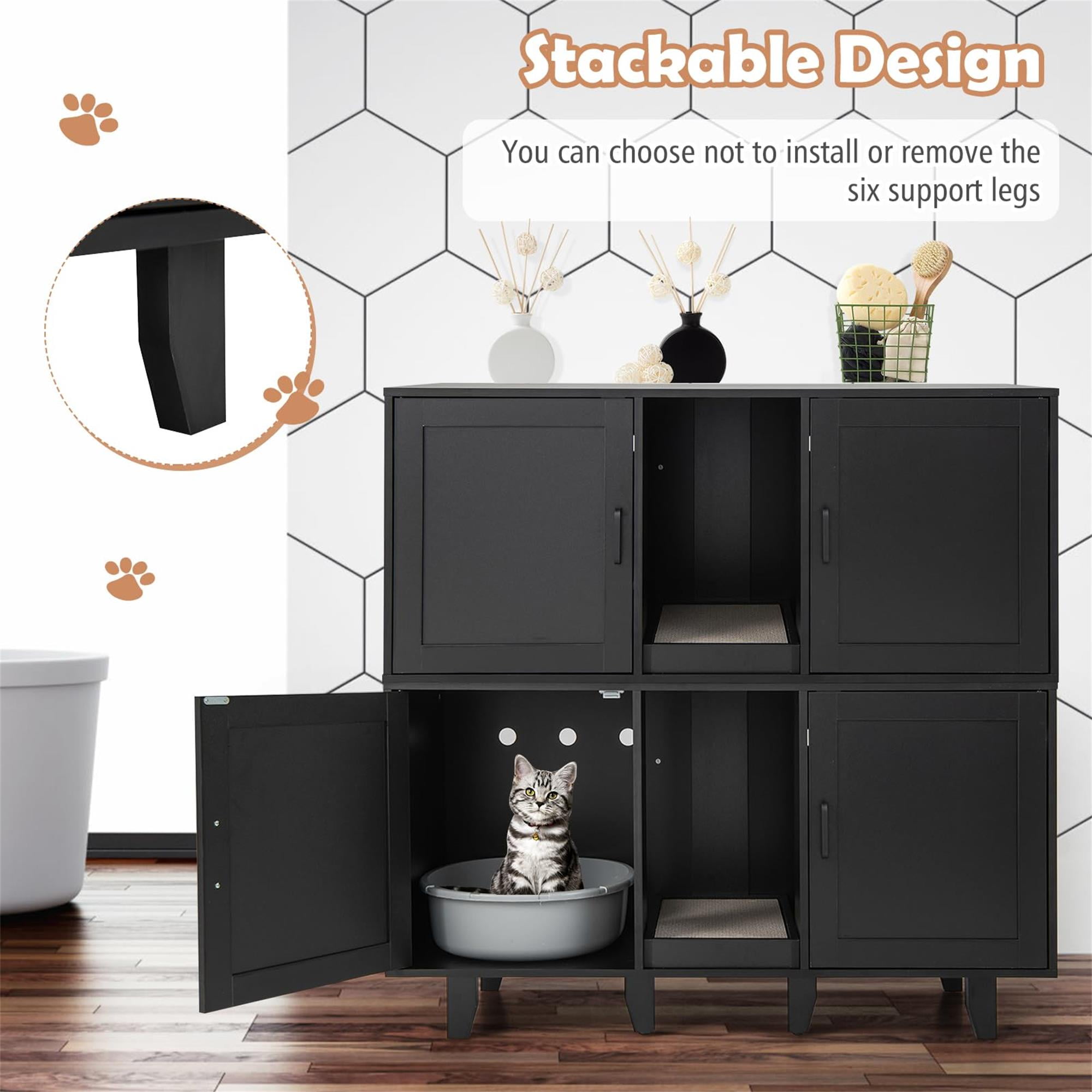 Kadyn 47" Litter Box Enclosure for 2 Litter Boxes, Hidden Cat Washroom with 2 Cabinet House, Scratching Board, Indoor Cat Litter Furniture, Black