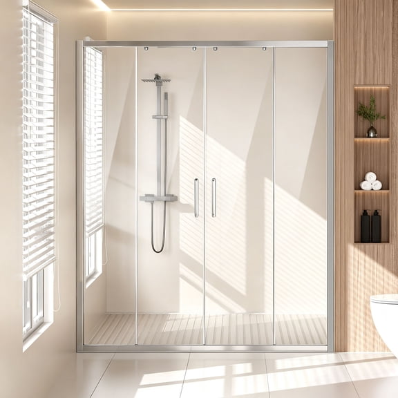VEVOR Semi-frameless Shower Door, 57.8-59 W x 70 H in, Double Sliding Glass Door with 1/4 in(6mm) Clear Tempered Glass, Waterproof Shatterproof NANO Stainproof with Stainless Steel Hardware, Chrome