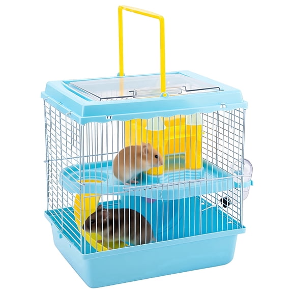 Blue Hamster Cage, 10.6 x 8.1 x 11.4 in 2-Layer Portable Hamster Cage with Slide, Castle, Water Bottle, Food Bowl, Top Handle, Easy to Clean for Dwarf Hamster