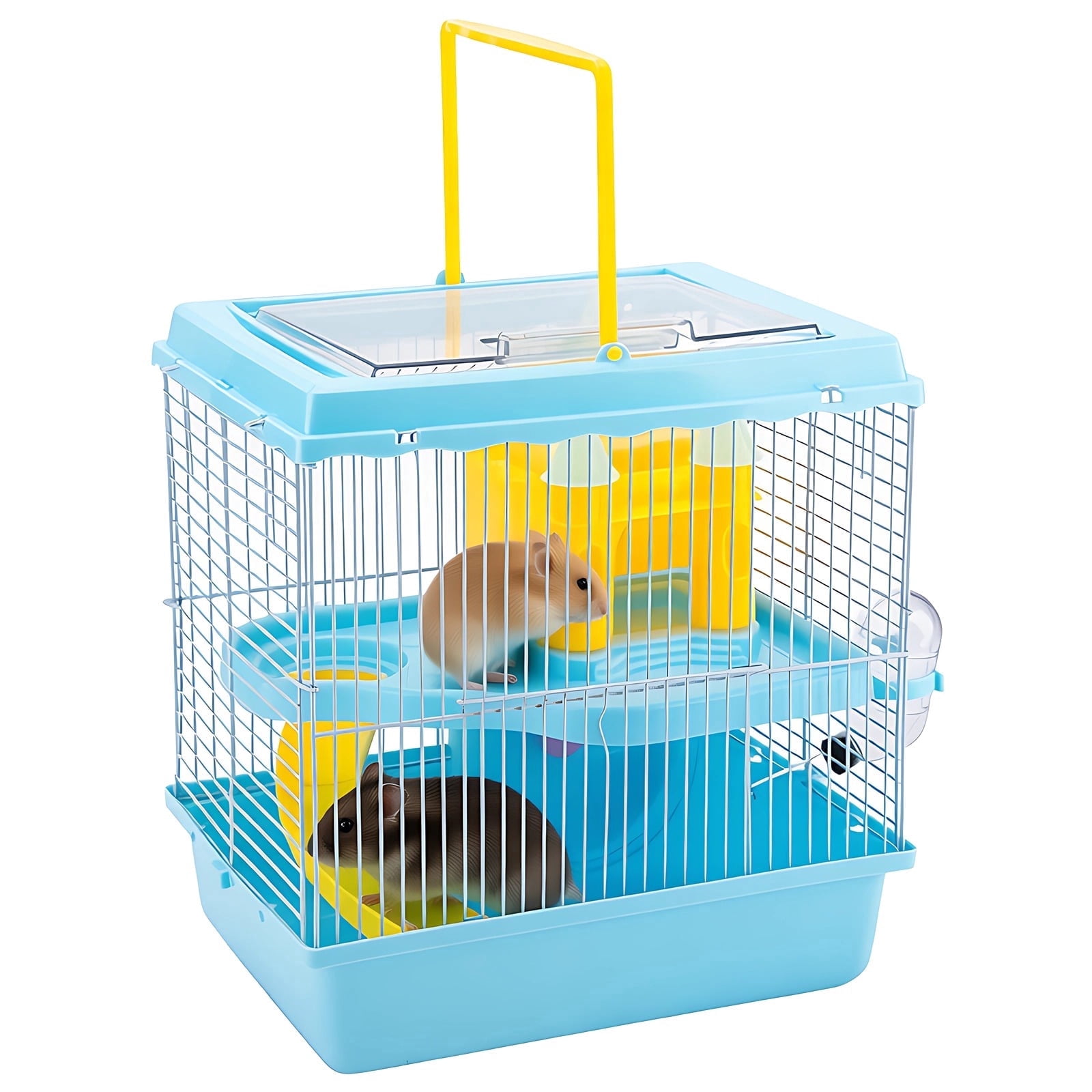 Blue Hamster Cage, 10.6 x 8.1 x 11.4 in 2-Layer Portable Hamster Cage with Slide, Castle, Water Bottle, Food Bowl, Top Handle, Easy to Clean for Dwarf Hamster