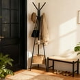 thumbnail image 2 of LEDREM Freestanding Coat Rack with 6 Hooks and 2 Triangular Storage Shelves, Industrial Hall Tree for Clothes, Hats, Bags, Greige and Black, 2 of 6