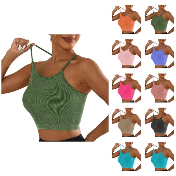 Sports Bras for Women Vintage Wash Spaghetti Strap Racerback High Impact Push Up Bra Workout Gym Yoga Bra Crop Top