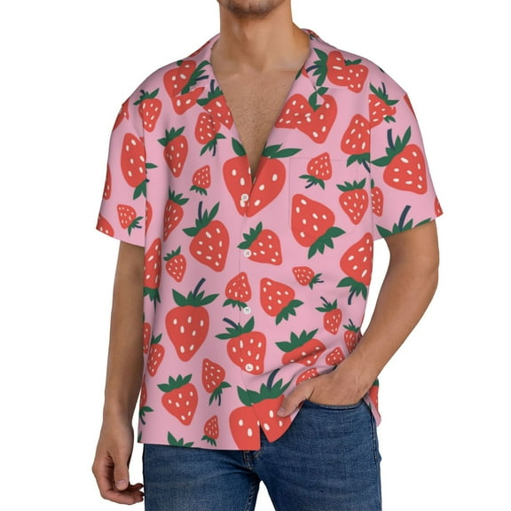 Gukieu Cartoon Strawberry Print Men's Short-sleeved Shirts, Button-down Pocket Shirts, T-shirts, Beach Vacation Travel Summer Clothing-Small