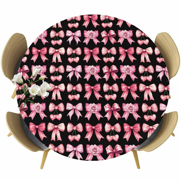 Pink Bow Rose Round Tablecloth 36-44 Inch Round Fitted Table Cloth with Elastic Edge, Sweet Cherry Vintage Romantic Waterproof Table Cover Protector for Outdoor Picnic Party Dining